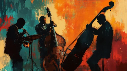 Silhouetted jazz trio performs against textured color field