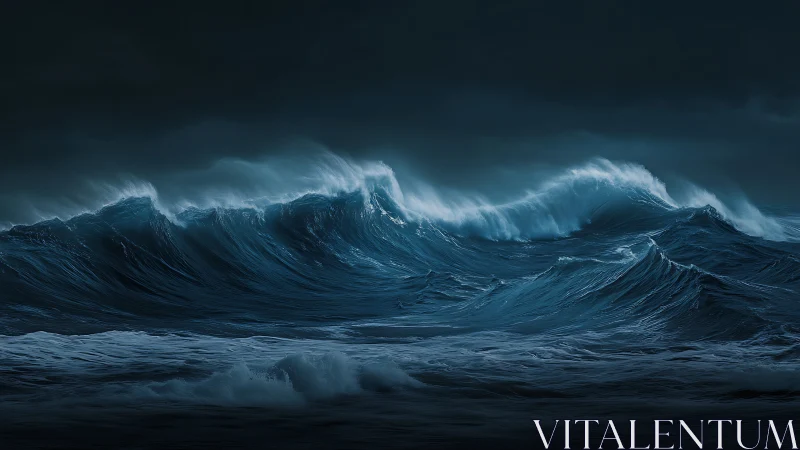 Dark open sea with large wind-driven surface waves at night.