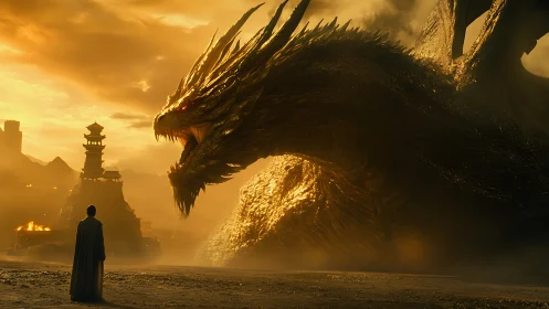 Lone figure confronts colossal dragon in blazing golden dusk