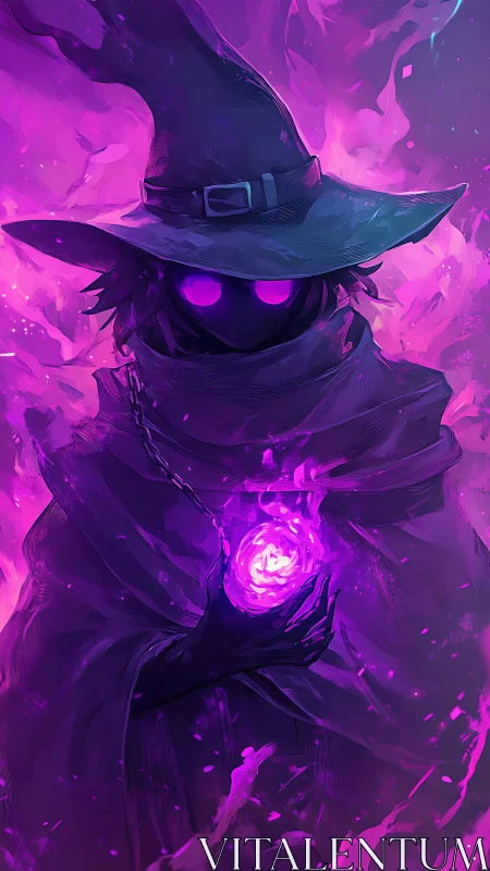 Mystic cloaked sorcerer holding glowing violet orb in darkness.