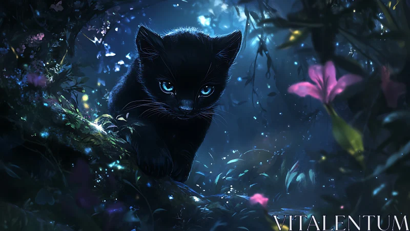 Black Feline in Bioluminescent Forest Environment
