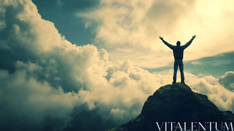 Silhouette of person on mountain peak under dense clouds.