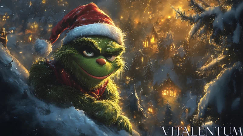 Scheming green creature eyes a glowing snowy Christmas village