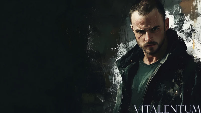 Digital portrait depicts stern man against dark abstract field