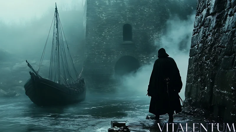 Cloaked figure observes moored longship beside stone fortress