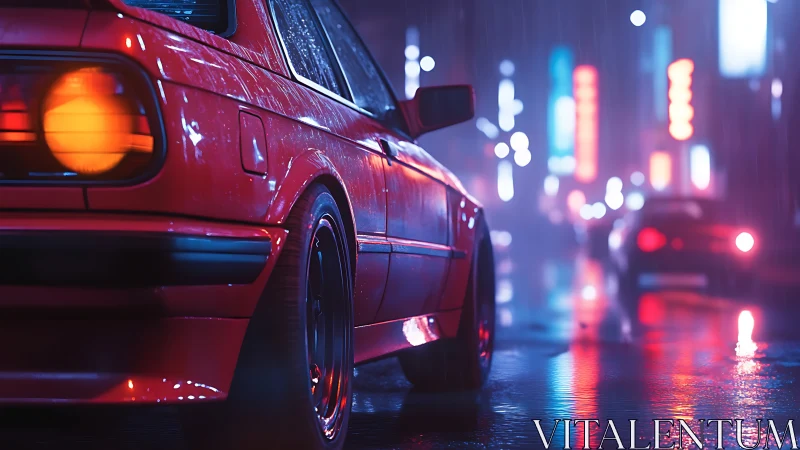 Red car in neon lit rainy night city street scene.