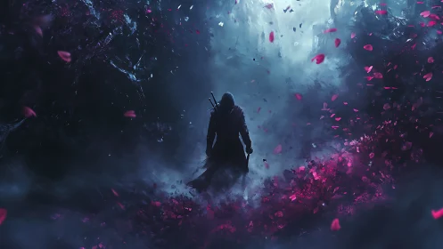 Hooded warrior walking through dark mist and petals.