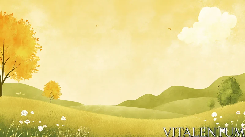 Golden minimalist landscape with yellow trees and hills.