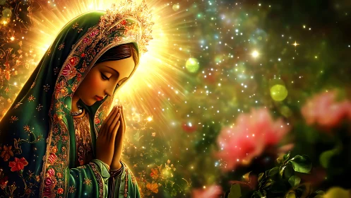 Radiant praying Madonna under golden celestial light
