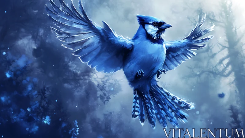 Blue Jay in Flight Amid Misty Forest, Digital Fantasy Art.