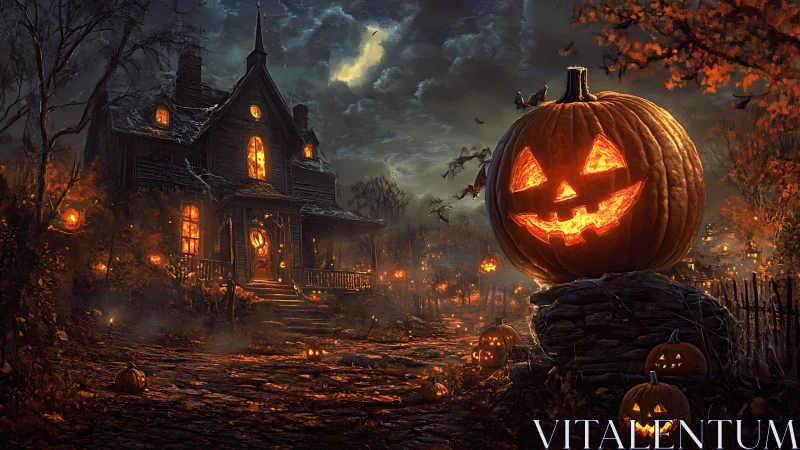 Grinning pumpkin sentinel guards a haunted ember-lit lane.