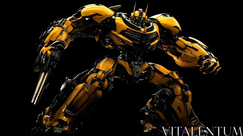 Armored yellow combat mech braces for dynamic battle stance.