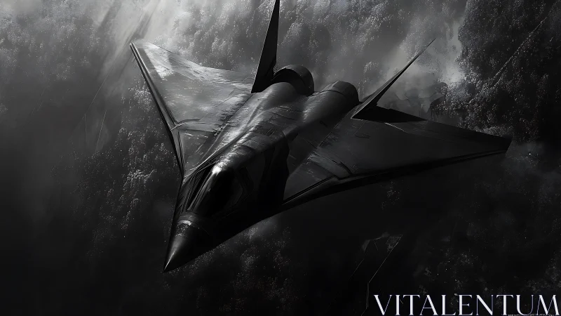 Stealth jet aircraft over dark clouds in dramatic light.