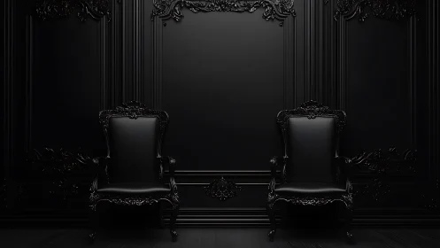 Two ornate black chairs in dark monochrome interior.