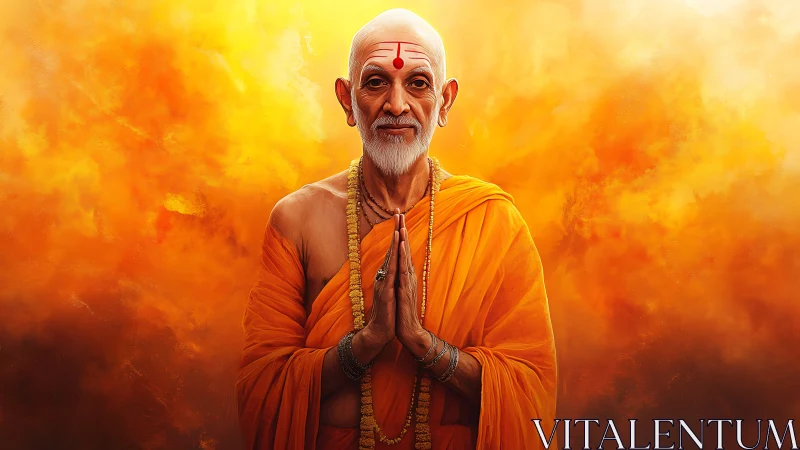 Monastic elder in saffron robe amid luminous orange diffusion.