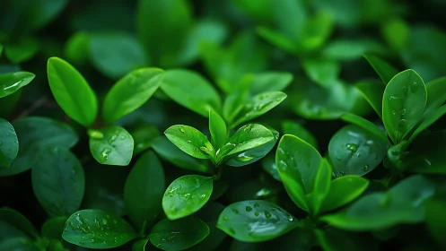 Macro close-up of wet glossy green leaves with shallow depth