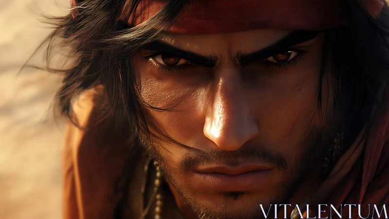 Desert-worn rogue portrait in hyperdetailed digital closeup.