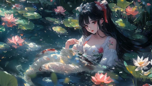 Koi pond anime girl in floral dress amid luminous waterlilies