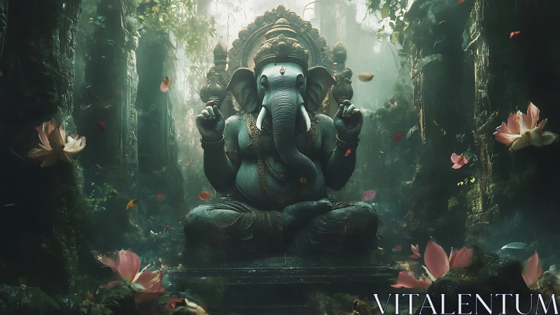 Mystic elephant deity statue amid luminous jungle ruins.