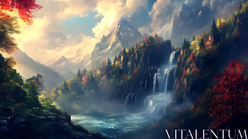 Majestic alpine waterfall amid luminous autumn mountainscape.