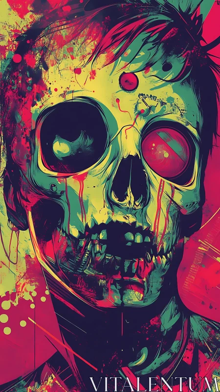 Neon zombie portrait with splattered abstract gore.