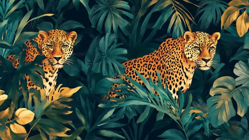 Two Leopards in Tropical Jungle with Golden Foliage