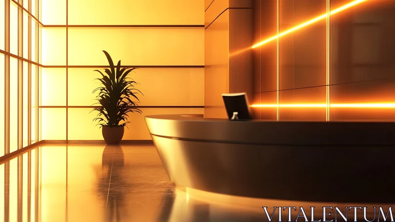 Minimalist Reception Desk with Neon Accents and Botanical Element.