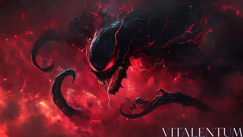 Demonic smoke wraith with glowing red eyes in storm clouds.