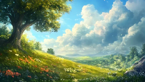 Sunlit hillside meadow under towering cumulus sky.