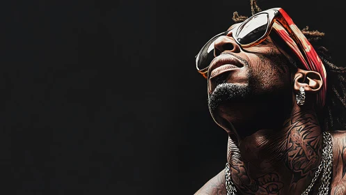 High-contrast digital portrait of tattooed man in sunglasses.