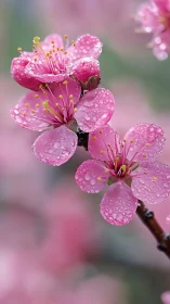 Pink flowers with water droplets on branch.