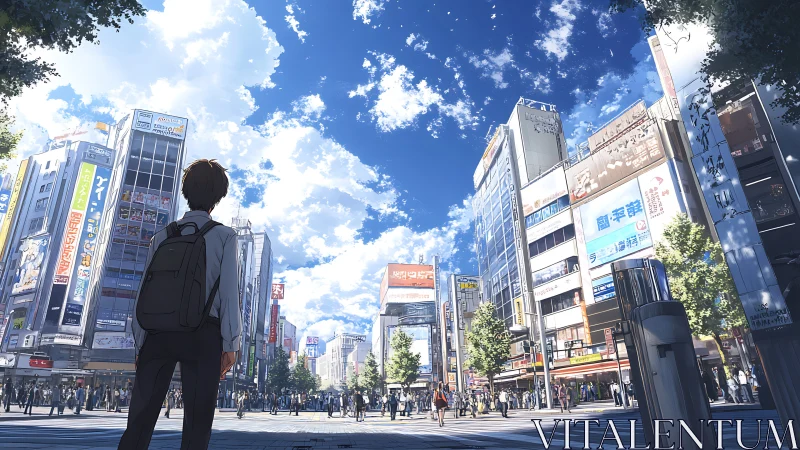 Urban youth observing luminous high-rise city plaza skyline.