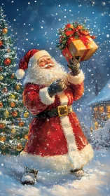 Snowlit Santa with luminous gift under decorated fir tree.