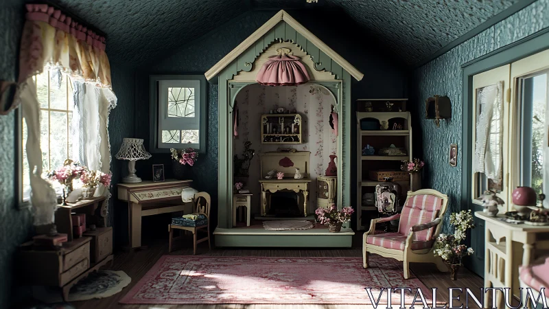Cozy dollhouse-style attic room glows with soft vintage charm
