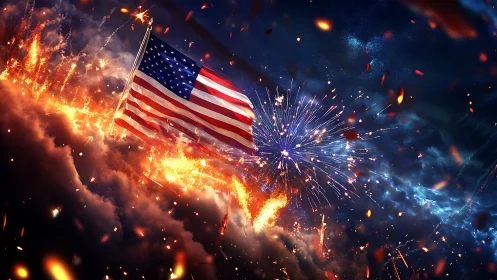 United States flag illuminated by explosive fireworks in stormy sky