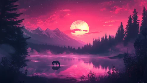 Hyper-saturated lunar lake landscape with silhouetted horse reflection