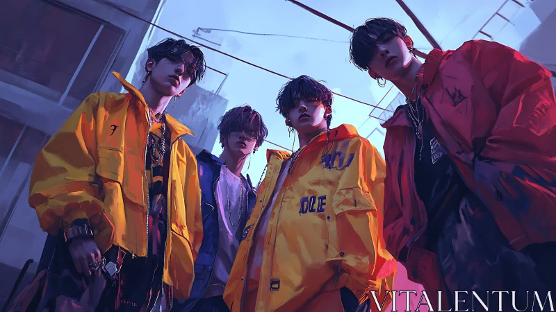 Streetwear youth stand united beneath an electric dusk sky