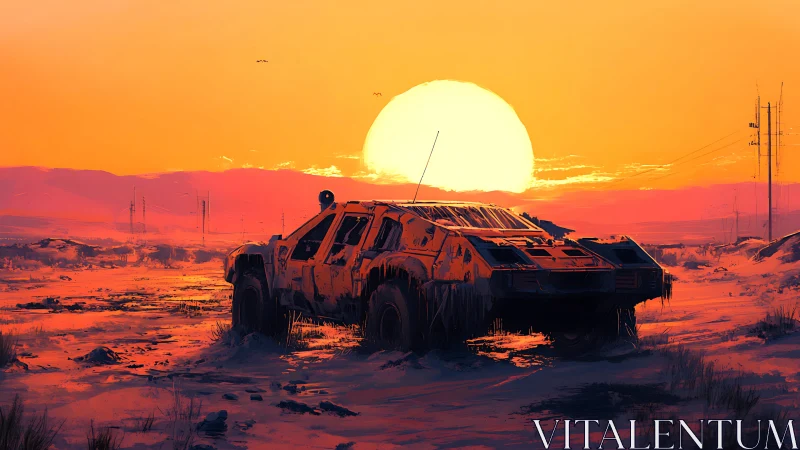 Armored rover pauses in blazing post-apocalyptic sunset.