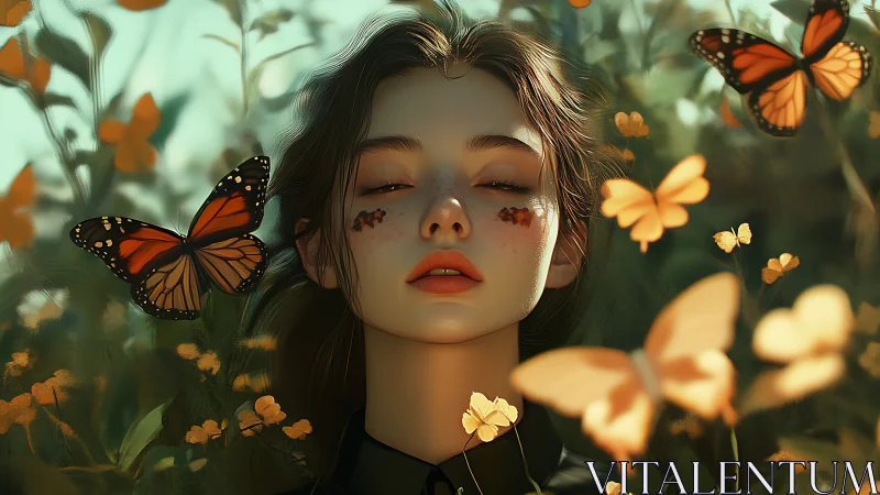 Young woman with closed eyes surrounded by orange butterflies.