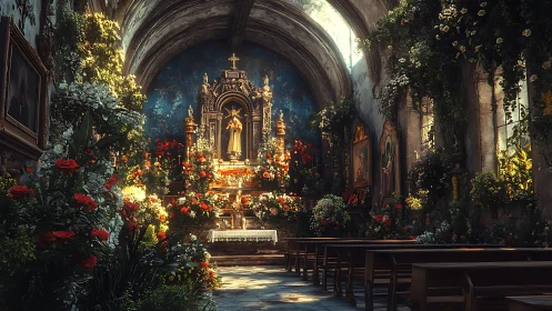 Overgrown baroque chapel interior with florally saturated altar