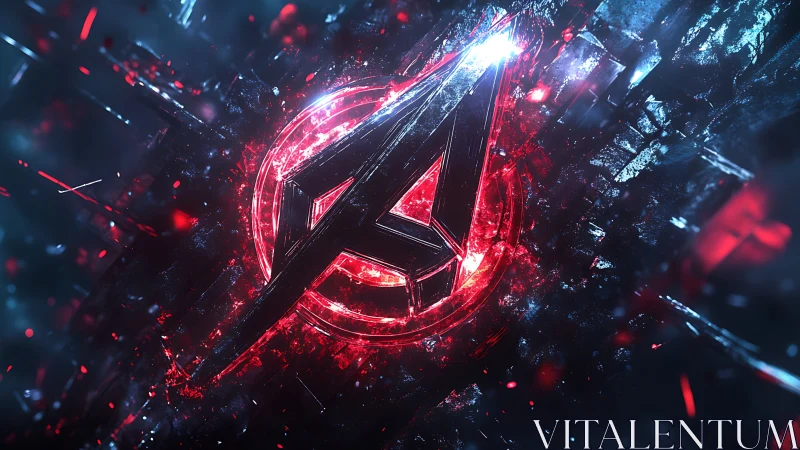 Shattered neon emblem blazing in red electric storm.