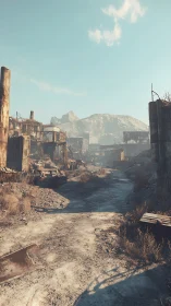 Ruined settlement street with distant rocky hills under sky.
