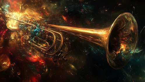 Cosmic brass trumpet exploding through vibrant nebulae.