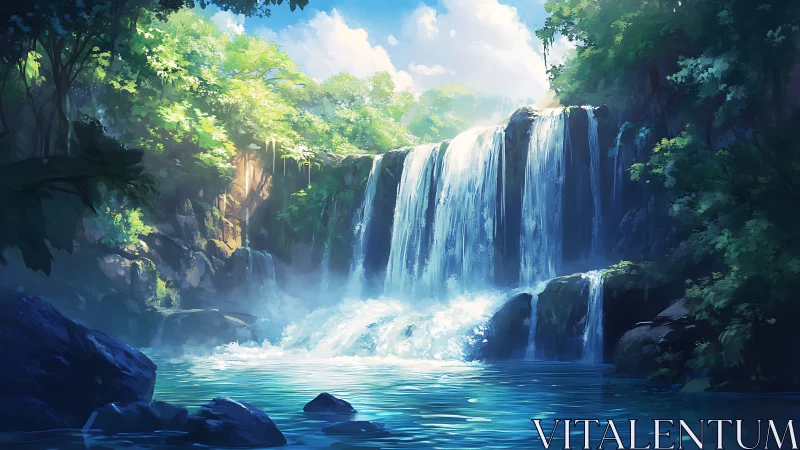 Luminous forest waterfall with turquoise plunge pool cascade.