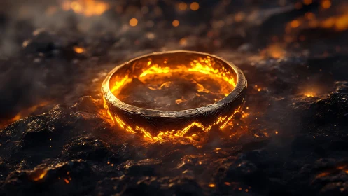 Luminous Golden Ring on Volcanic Rock with Radiating Fire and Light Effects