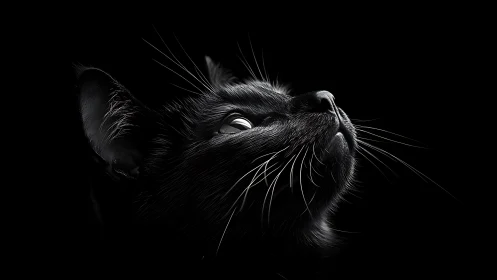 Mesmerizing Black Cat Gazing Upward in Dramatic Shadows