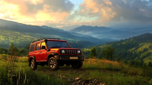 Red off-road SUV parked in green mountain valley at sunset.