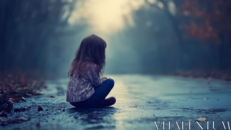 Child sitting on wet forest road in soft morning light.