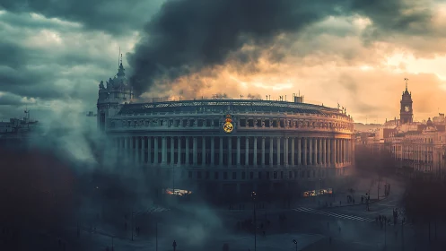 Glowing stadium crown softens a moody city at dusk
