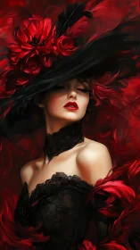 Woman in red and black hat with feathers and lace dress.